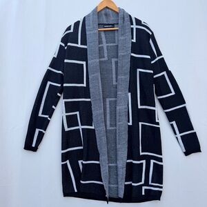 Domani Black and White Geometric Open-Front Cardigan size‎ Large